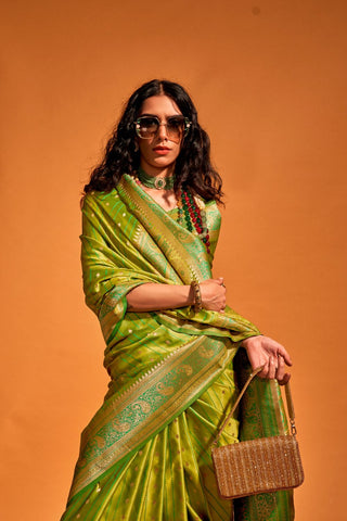 PISTA GREEN SATIN HANDLOOM WOVEN SAREE