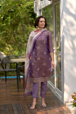 Purple Tissue With Embroidery Kurta Set