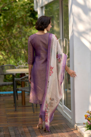 Purple Tissue With Embroidery Kurta Set