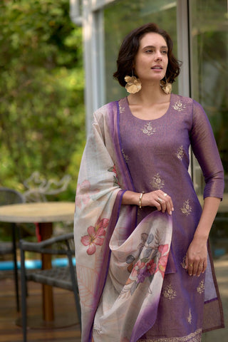 Purple Tissue With Embroidery Kurta Set