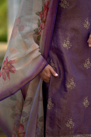 Purple Tissue With Embroidery Kurta Set