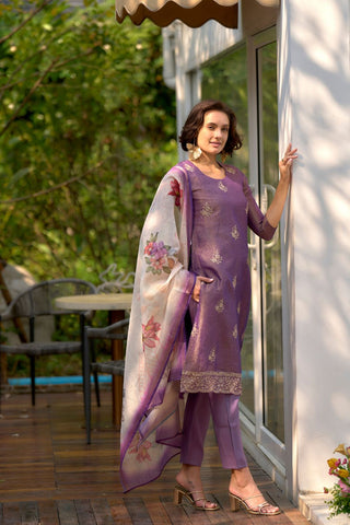 Purple Tissue With Embroidery Kurta Set