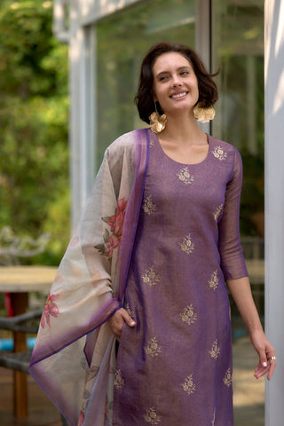 Purple Tissue With Embroidery Kurta Set