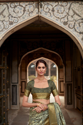 Olive Green Pure Handloom Silk Saree