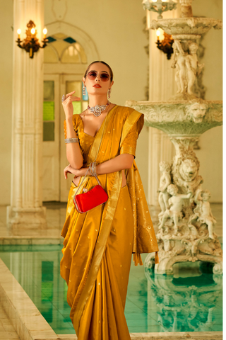 Mustard Pure Satin Handwoven With Zari Weaving Saree