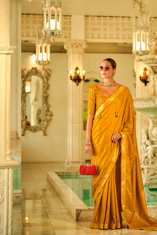 Mustard Pure Satin Handwoven With Zari Weaving Saree