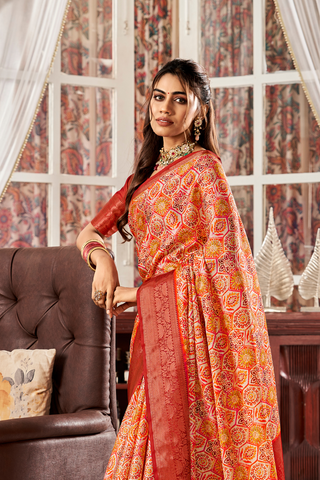 Red Pure Satin Digital Saree