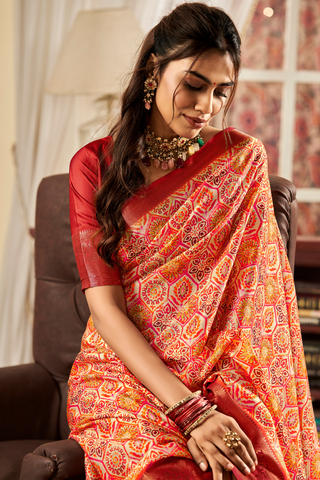 Red Pure Satin Digital Saree