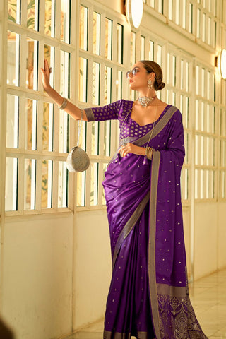 Purple Pure Satin Handwoven With Zari Weaving Saree