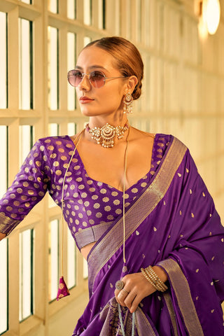 Purple Pure Satin Handwoven With Zari Weaving Saree