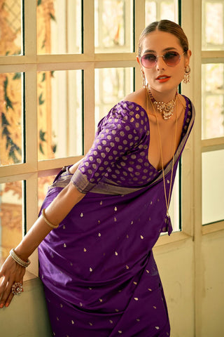 Purple Pure Satin Handwoven With Zari Weaving Saree