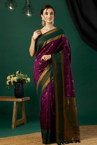 Purple & Green Banarasi Silk Saree_Kumari Sarees