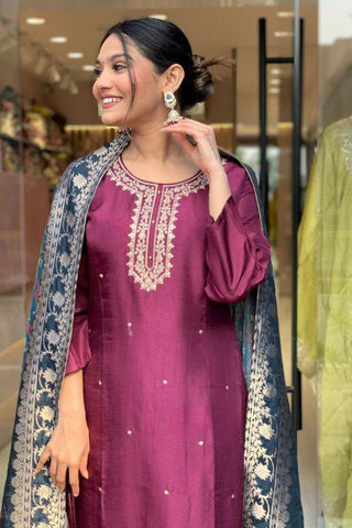 Purple Pure Viscose Chanderi Embroidered Kurta Set_Kumari Sarees