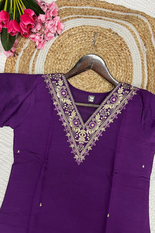 Purple Viscose Chanderi Embroidery Kurta Set