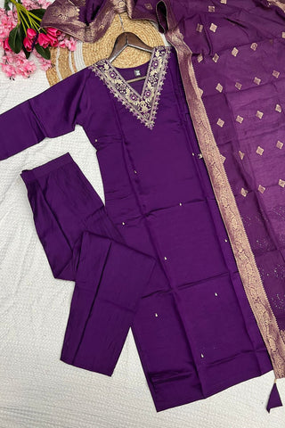 Purple Viscose Chanderi Embroidery Kurta Set