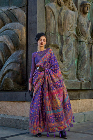 Purple Organza Kashmiri Handloom Weaving Saree