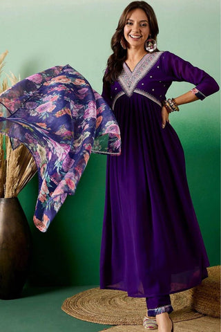 Purple Georgette Printed Teby Kurta Set