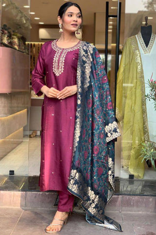 Purple Pure Viscose Chanderi Embroidered Kurta Set_Kumari Sarees