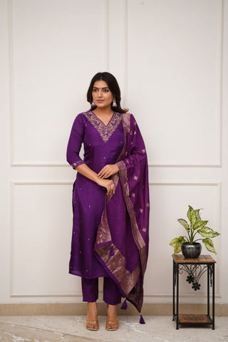 Purple Viscose Chanderi Embroidery Kurta Set