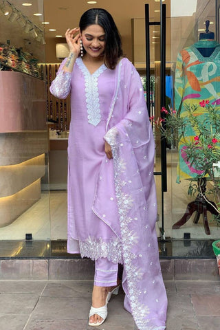 Purple Georgette Pure Russian  Embroidered Silk Kurta Set_Kumari Sarees