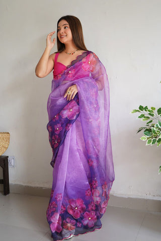 PURPLE ORGANZA HANDWORK DIGITAL PRINT SAREE