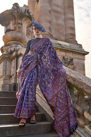 Purple Organza Parsi Handloom Weaving Silk Saree