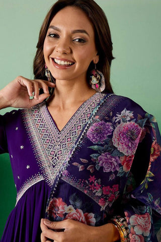 Purple Georgette Printed Teby Kurta Set