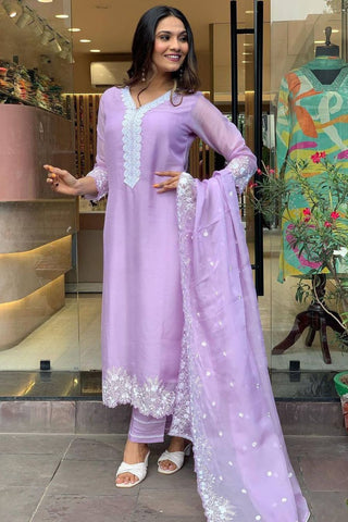 Purple Georgette Pure Russian  Embroidered Silk Kurta Set_Kumari Sarees