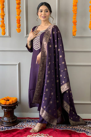 Wine Chanderi Silk Jaccard Silk Embroidery Kurta Set
