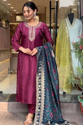 Purple Pure Viscose Chanderi Embroidered Kurta Set_Kumari Sarees