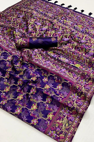 Purple Organza Parsi Handloom Weaving Silk Saree