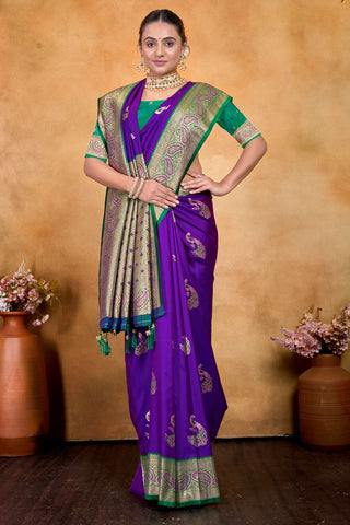 Purple & Green Banarasi Silk Saree Zari With Rich Pallu_Kumari Sarees