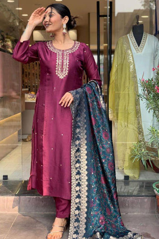Purple Pure Viscose Chanderi Embroidered Kurta Set_Kumari Sarees