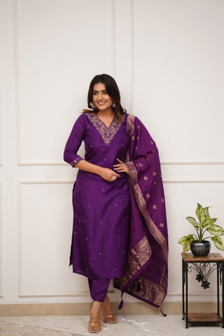 Purple Viscose Chanderi Embroidery Kurta Set