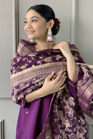 Wine Chanderi Jaccard Silk Embroidery Kurta Set.
