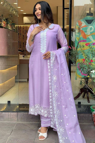 Purple Georgette Pure Russian  Embroidered Silk Kurta Set_Kumari Sarees
