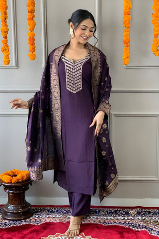Wine Chanderi Silk Jaccard Silk Embroidery Kurta Set