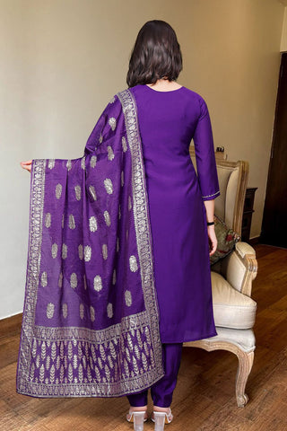 Purple Chanderi Jaccard Silk Embroidery Kurta Set_Kumari Sarees