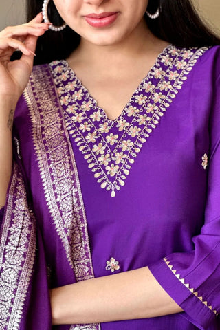 Purple Chanderi Jaccard Silk Embroidery Kurta Set_Kumari Sarees