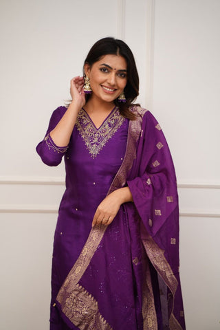 Purple Viscose Chanderi Embroidery Kurta Set