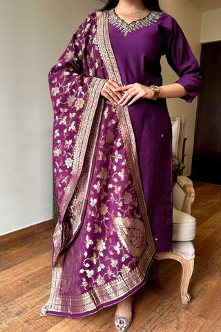 Wine Chanderi Jaccard Silk Embroidery Kurta Set.