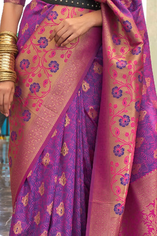 Purple Self Contrast Chaap Handloom Weaving Saree_Kumari Sarees