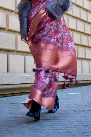 PURPLE PRINT SATIN ORGANZA WEAVING SAREE