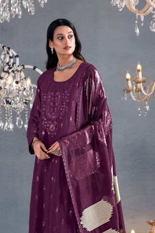 Purple Pure Russian Silk Embroidery Kurta Set