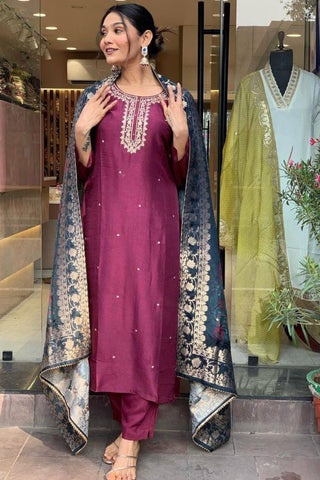 Purple Pure Viscose Chanderi Embroidered Kurta Set_Kumari Sarees