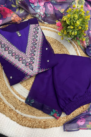 Purple Georgette Printed Teby Kurta Set