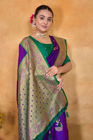 Purple & Green Banarasi Silk Saree Zari With Rich Pallu_Kumari Sarees