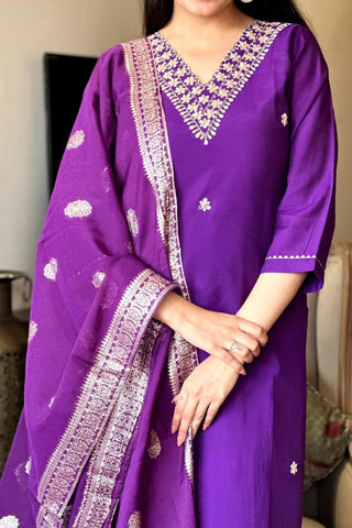 Purple Chanderi Jaccard Silk Embroidery Kurta Set_Kumari Sarees