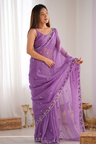Purple Sequins Silk Embroidery Thread Work Saree_Kumari Sarees