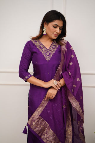 Purple Viscose Chanderi Embroidery Kurta Set